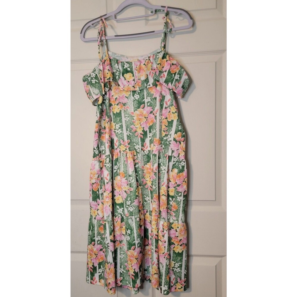 Vintage Women's Green Pink White Floral Square Neck Ruffle Tiered Dress